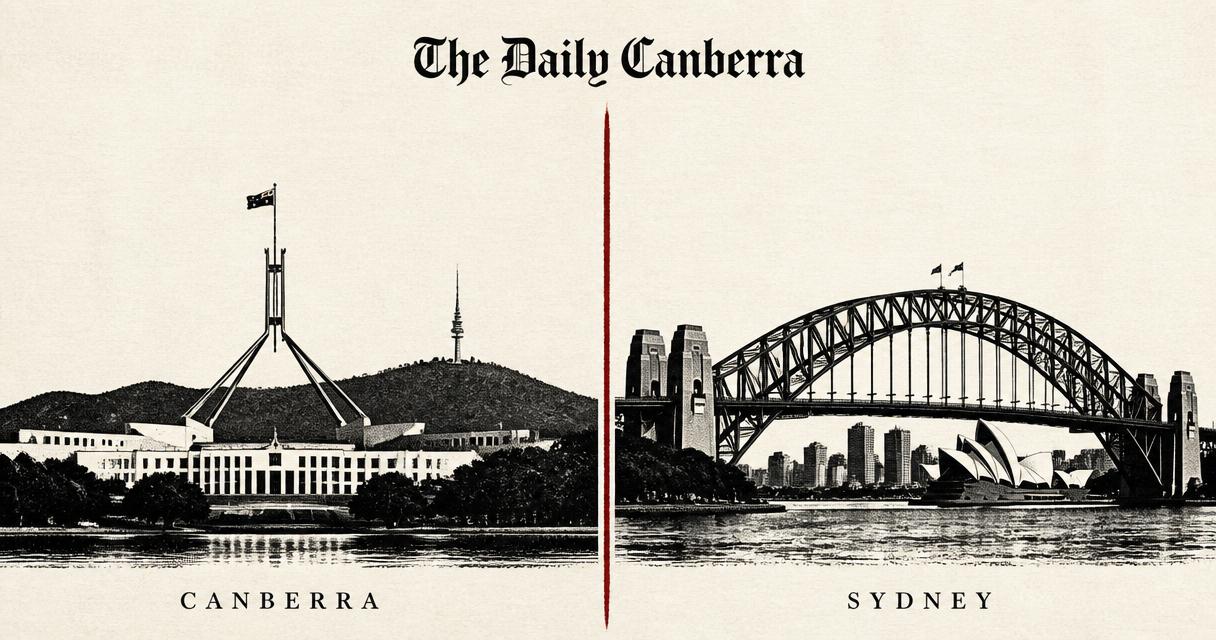 Editorial split illustration: Portland on the left and Sydney on the right