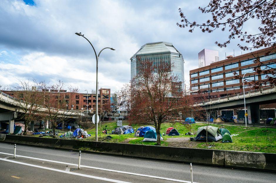 Tents in Downtown of Portland Oregon Usa